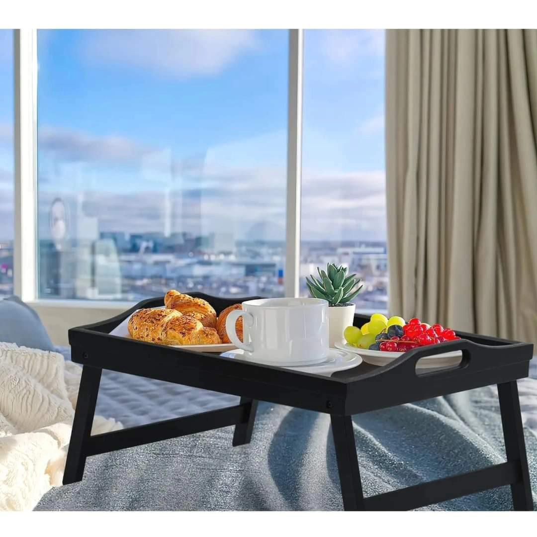 Eco friendly black bamboo tray with foldable legs