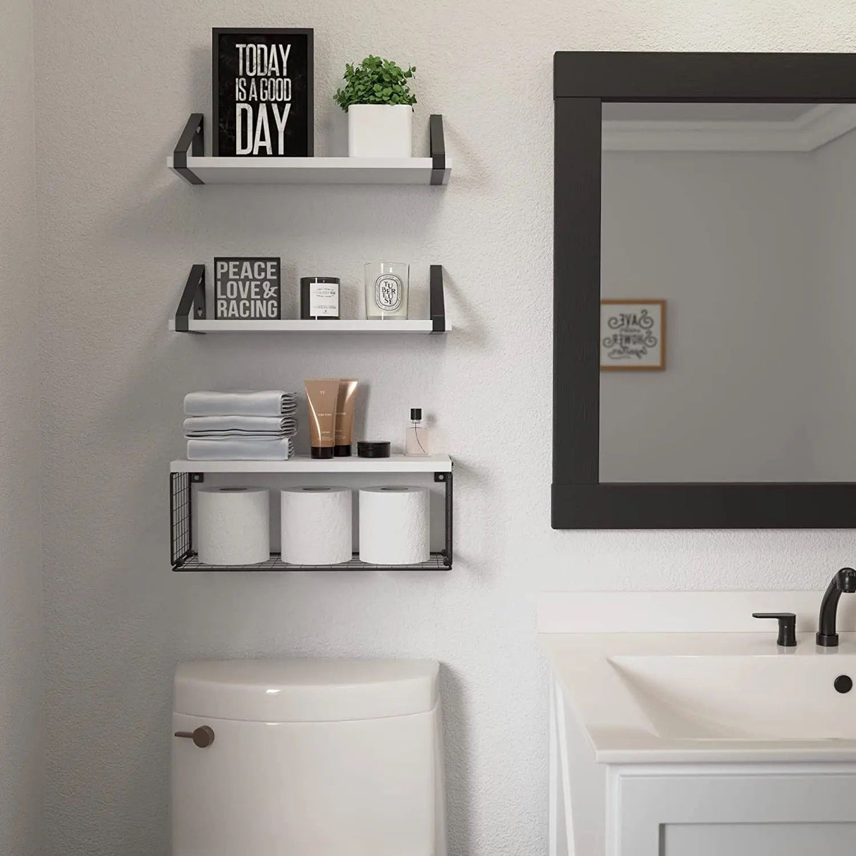 Solid pine wood bathroom floating shelves
