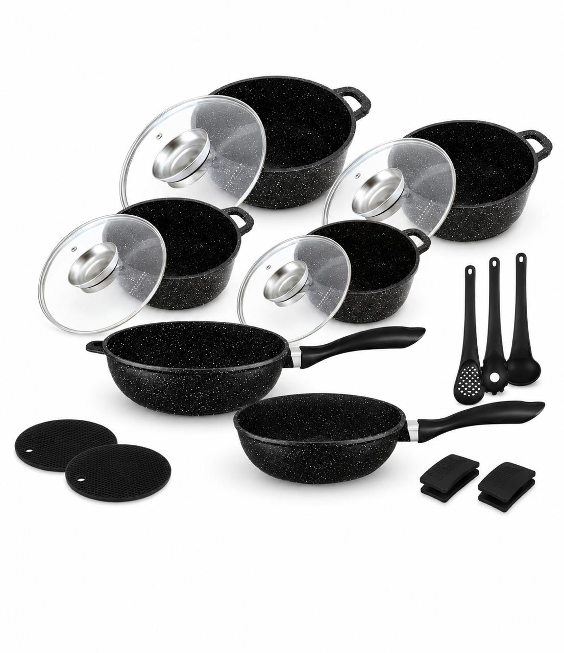 Edenberg 17 Pcs Cookware Set | 2 Fry Pans, 4 Casseroles, Spaghetti Spoon, Skimmer, Ladle, 2 Plastic Coasters & 2 Silicone Handle Caps