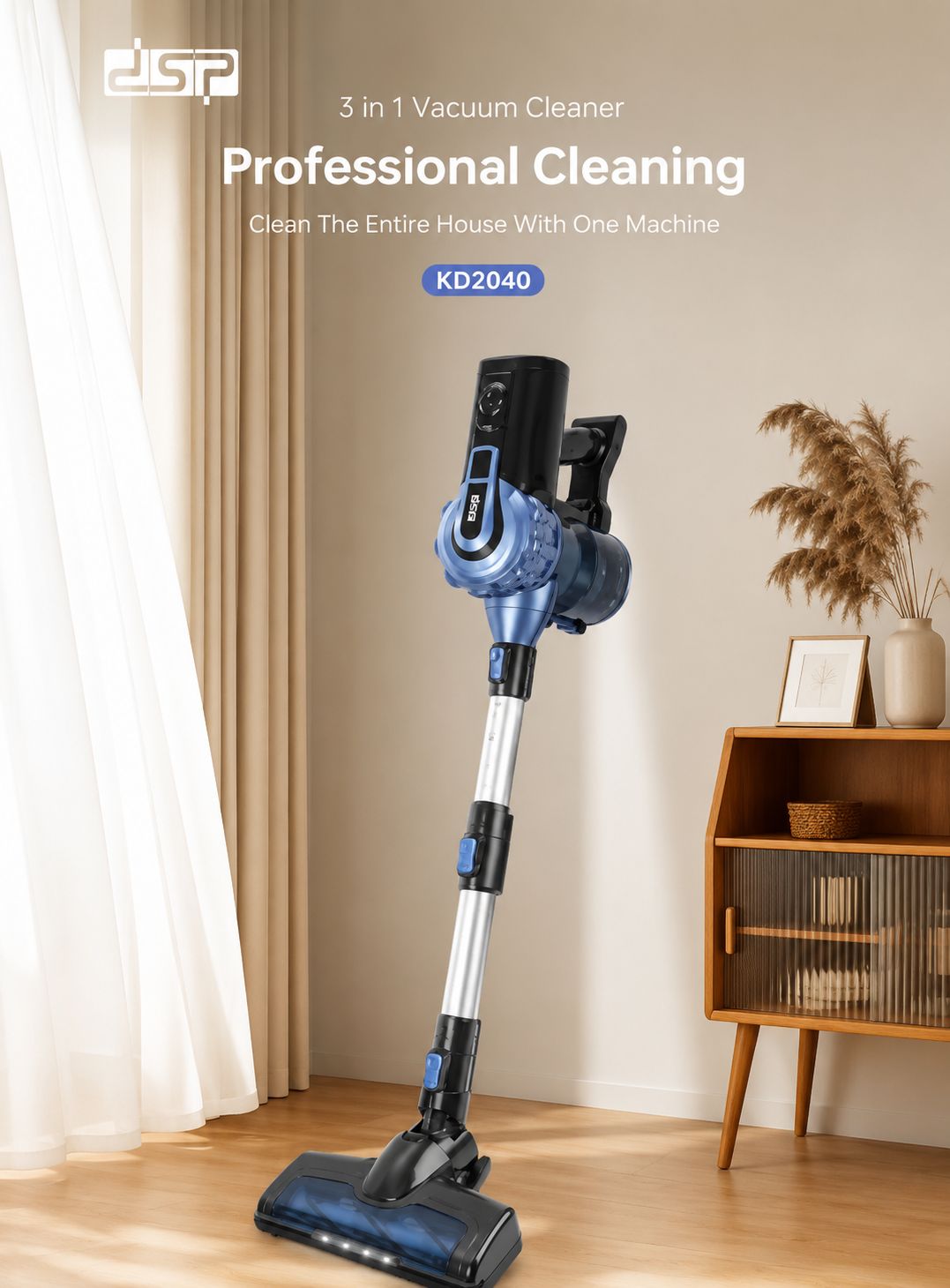 DSP 3-in-1 corded vacuum cleaner – 600W, featuring a smart design with LED lighting to reveal even the finest dust in dark corners.