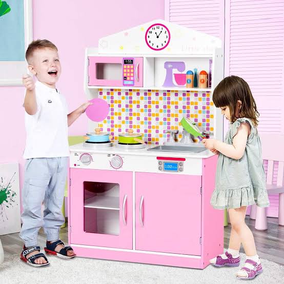 Pretend Play Toy Kitchen Set with Simulation Stove, Microwave Oven and Realistic Sounds, Large Wooden Play Kitchen for Toddlers