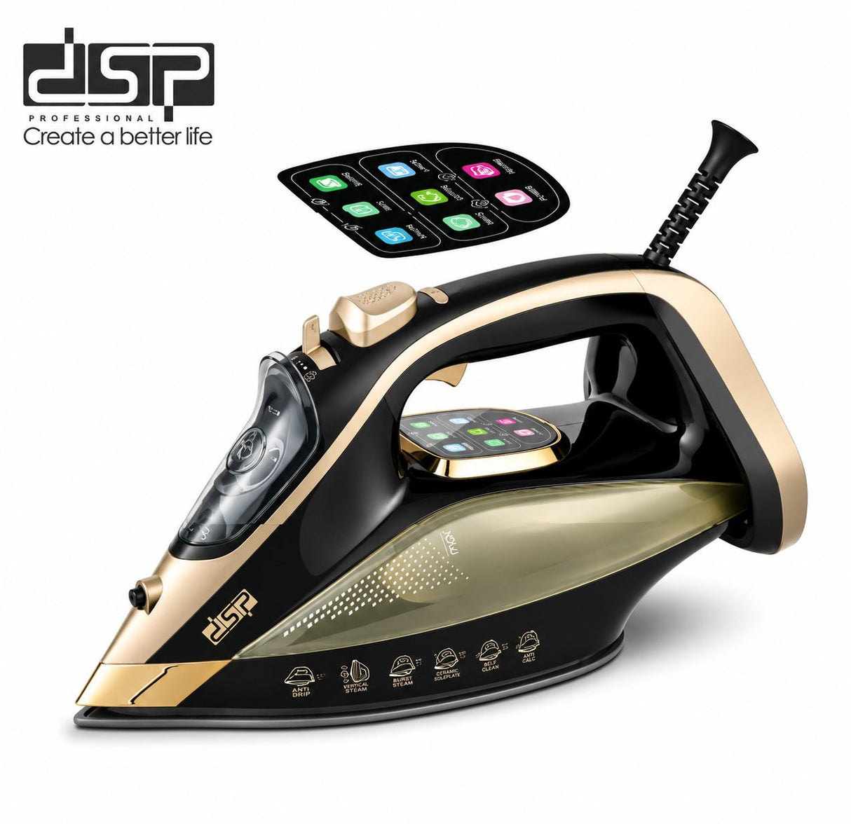 DSP Steam Iron with LED Display – 6 Fabric Presets, Ceramic Soleplate & Auto Power-Off