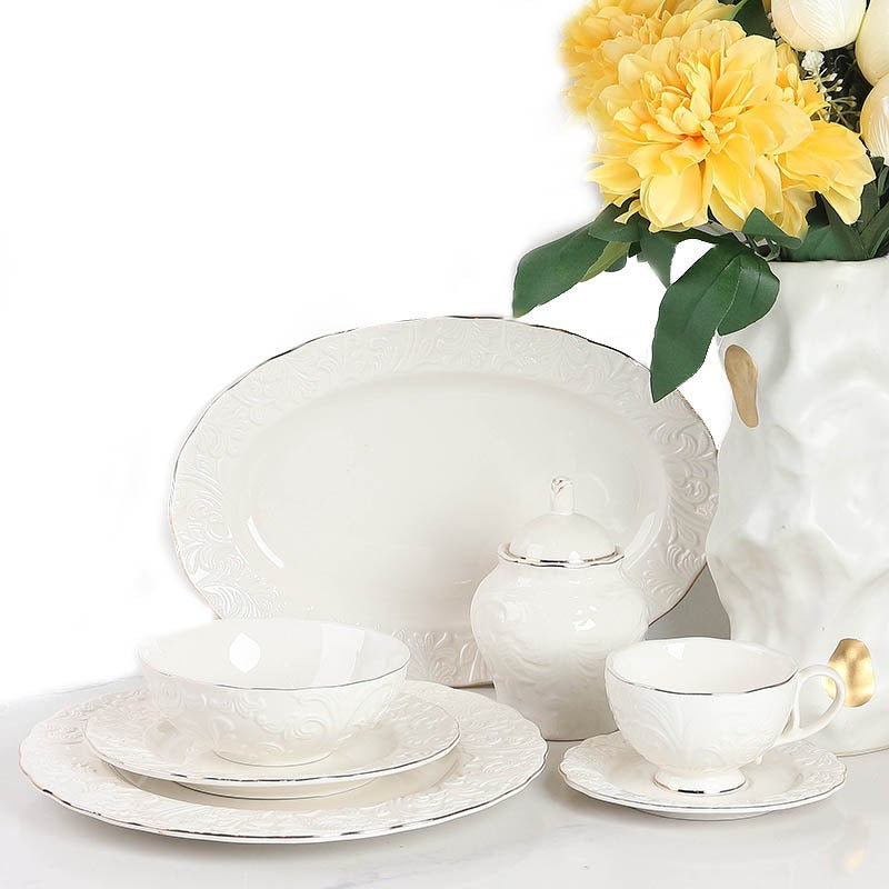 39 Piece White Porcelain Ceramic Dinner Set with Gold Rim 6 Plates 6 Bowls 6 Cups Saucers Platter Kettle