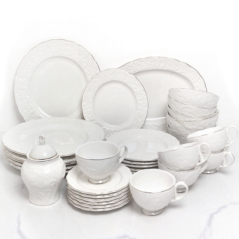 39 Piece White Porcelain Ceramic Dinner Set with Gold Rim 6 Plates 6 Bowls 6 Cups Saucers Platter Kettle