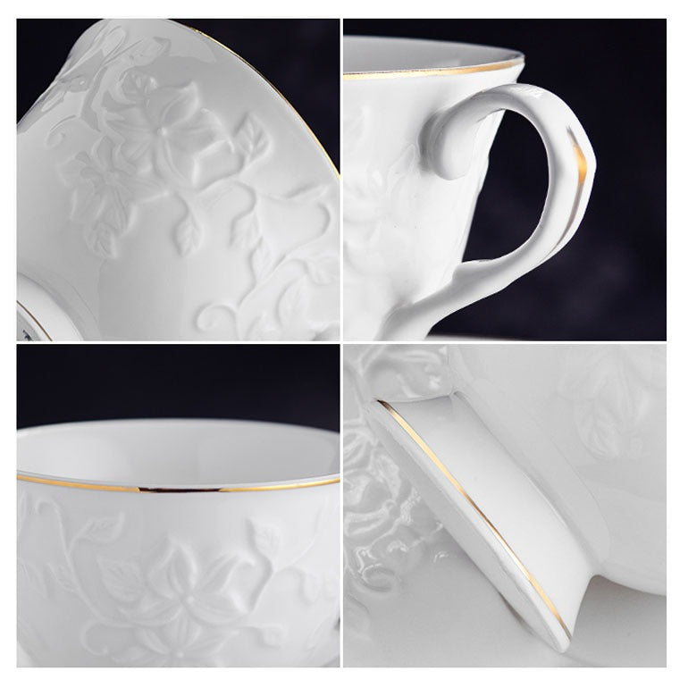 39 Piece White Porcelain Ceramic Dinner Set with Gold Rim 6 Plates 6 Bowls 6 Cups Saucers Platter Kettle