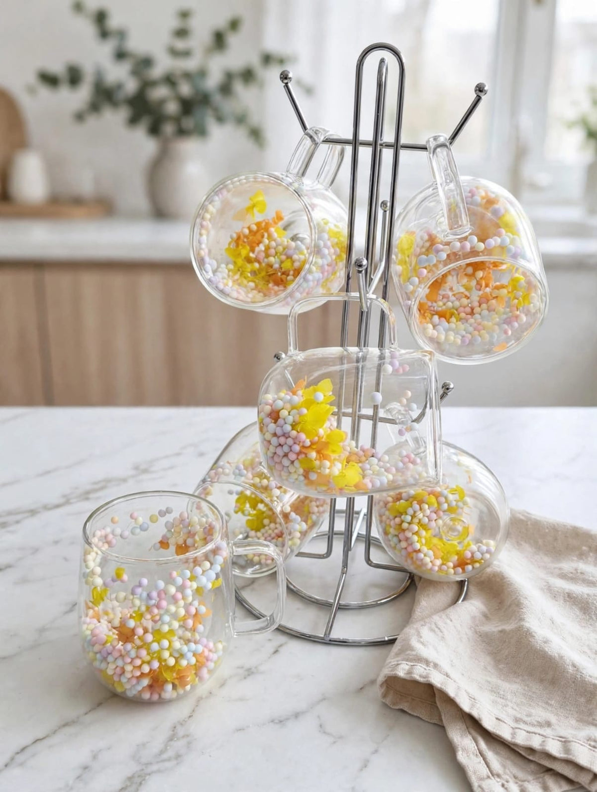 Dried Flower Double Wall Glass Mugs Set of 2, 350ml with Pastel Beads | Borosilicate Glass Coffee and Tea Mugs with Handle