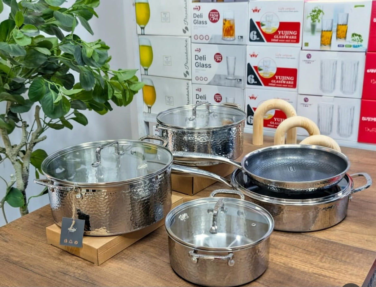 9PCS Tripply Stainless Steel Cookware Set | Hammered Design with Frying Pans | Premium Cookware Kenya