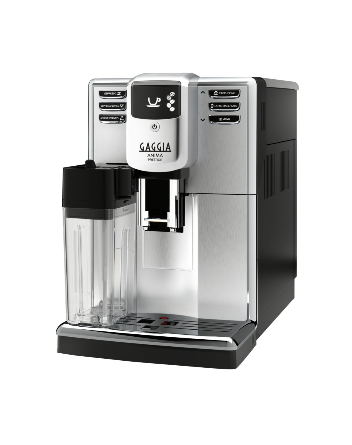 Gaggia Anima Prestige bean to cup coffee machine with integrated milk carafe, front view on a plain background