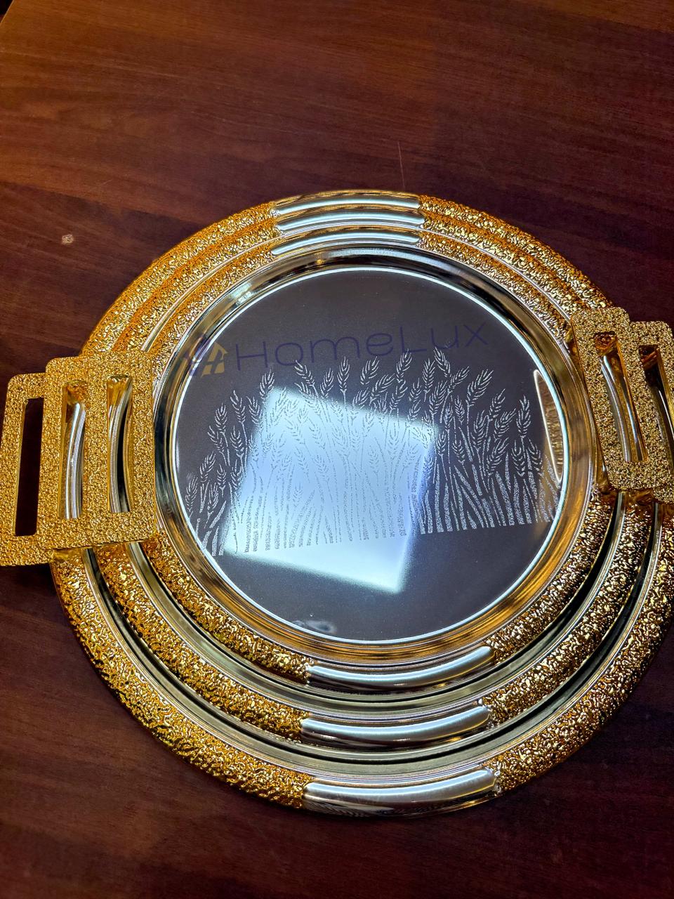 Luxury Serving Tray Set 3 Pieces Iron Steel Serving Tray Set Full Nickel With Gold Handle