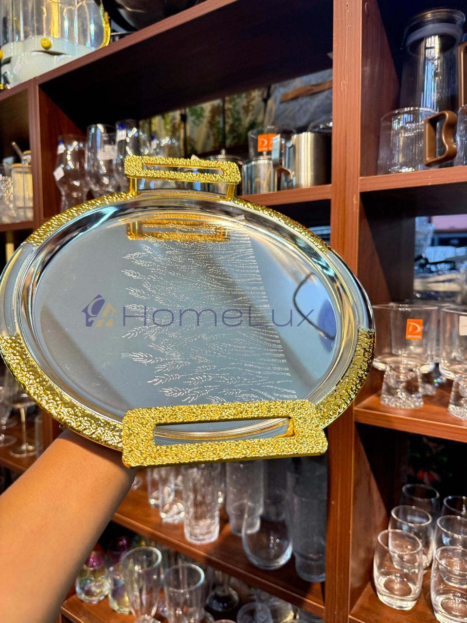 Luxury Serving Tray Set 3 Pieces Iron Steel Serving Tray Set Full Nickel With Gold Handle