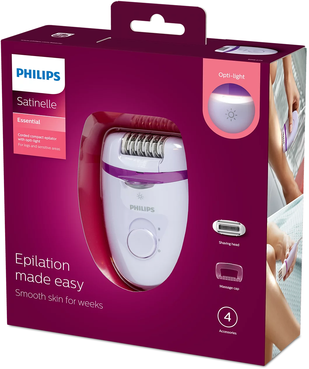 Philips Satinelle Epilator with Opti-Light & 4 Accessories - Removes Hair from the Root as Short as 0.5mm, Washable Head