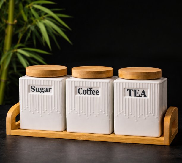 3-Piece Ceramic Canister Set with Bamboo Lids & Tray – Tea, Coffee & Sugar Storage Set