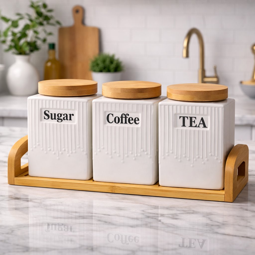 3-Piece Ceramic Canister Set with Bamboo Lids & Tray – Tea, Coffee & Sugar Storage Set