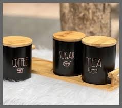 3-Piece Black Porcelain Airtight Canister Set with Bamboo Lids & Wooden Stand – Tea, Coffee & Sugar