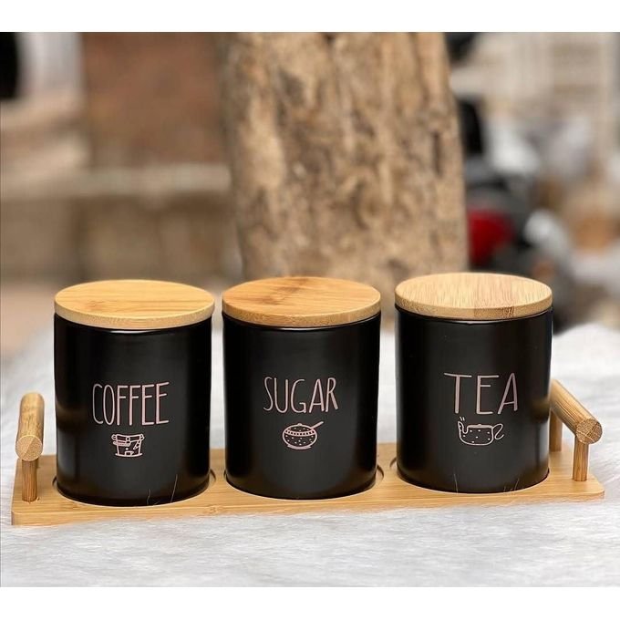 3-Piece Black Porcelain Airtight Canister Set with Bamboo Lids & Wooden Stand – Tea, Coffee & Sugar