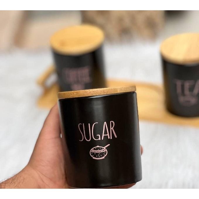 3-Piece Black Porcelain Airtight Canister Set with Bamboo Lids & Wooden Stand – Tea, Coffee & Sugar