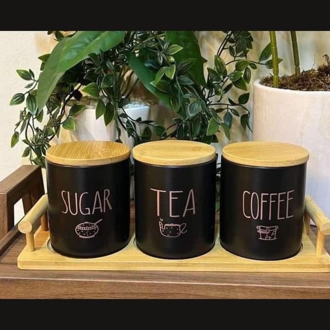3-Piece Black Porcelain Airtight Canister Set with Bamboo Lids & Wooden Stand – Tea, Coffee & Sugar