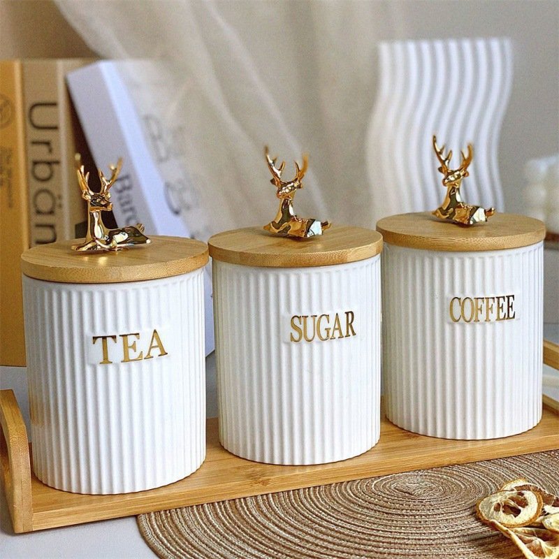 4-Piece Ceramic Canister Set with Wooden Base – Tea, Coffee and Sugar