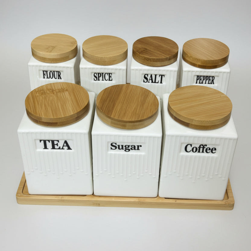 8-Piece Ceramic Canister Set with Bamboo Lids – Tea, Coffee, Sugar, Salt, Pepper & Spice Storage Set