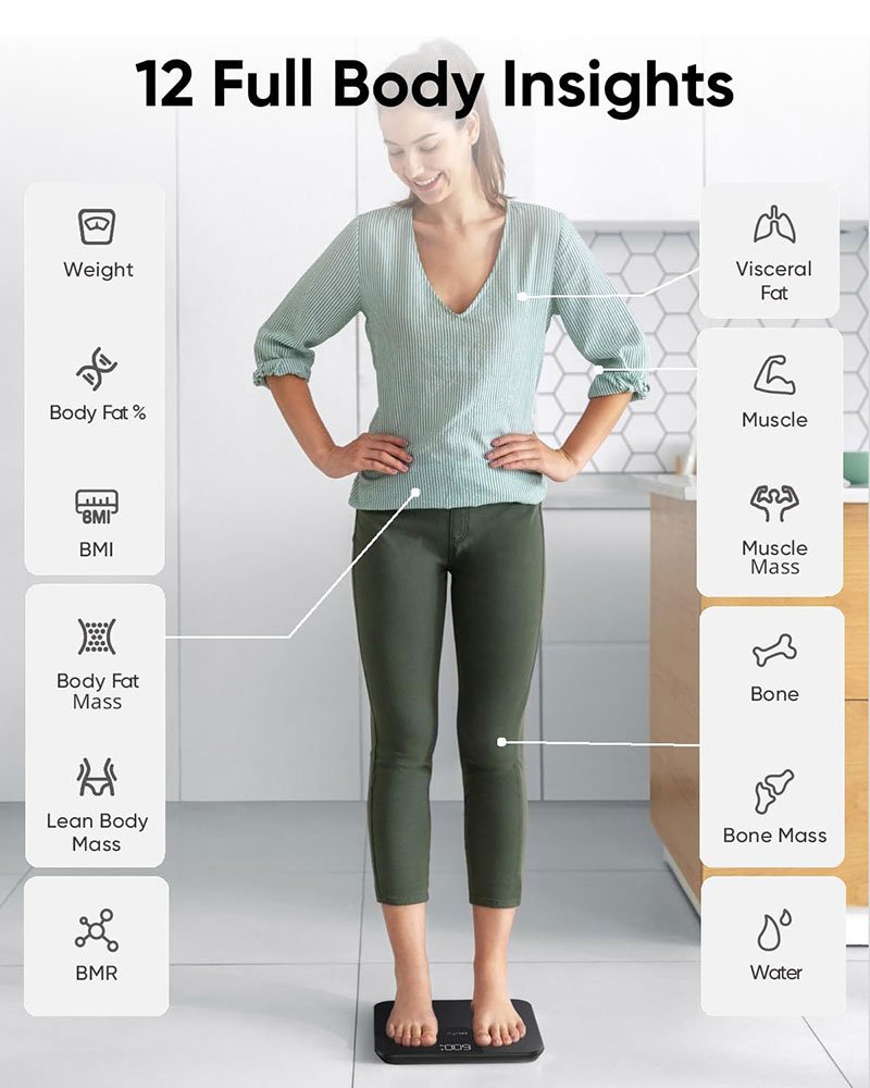 Eufy Smart Scale A1 – 12 Body Measurements, Bluetooth, 16 User Profiles, Compact 26x26cm Design