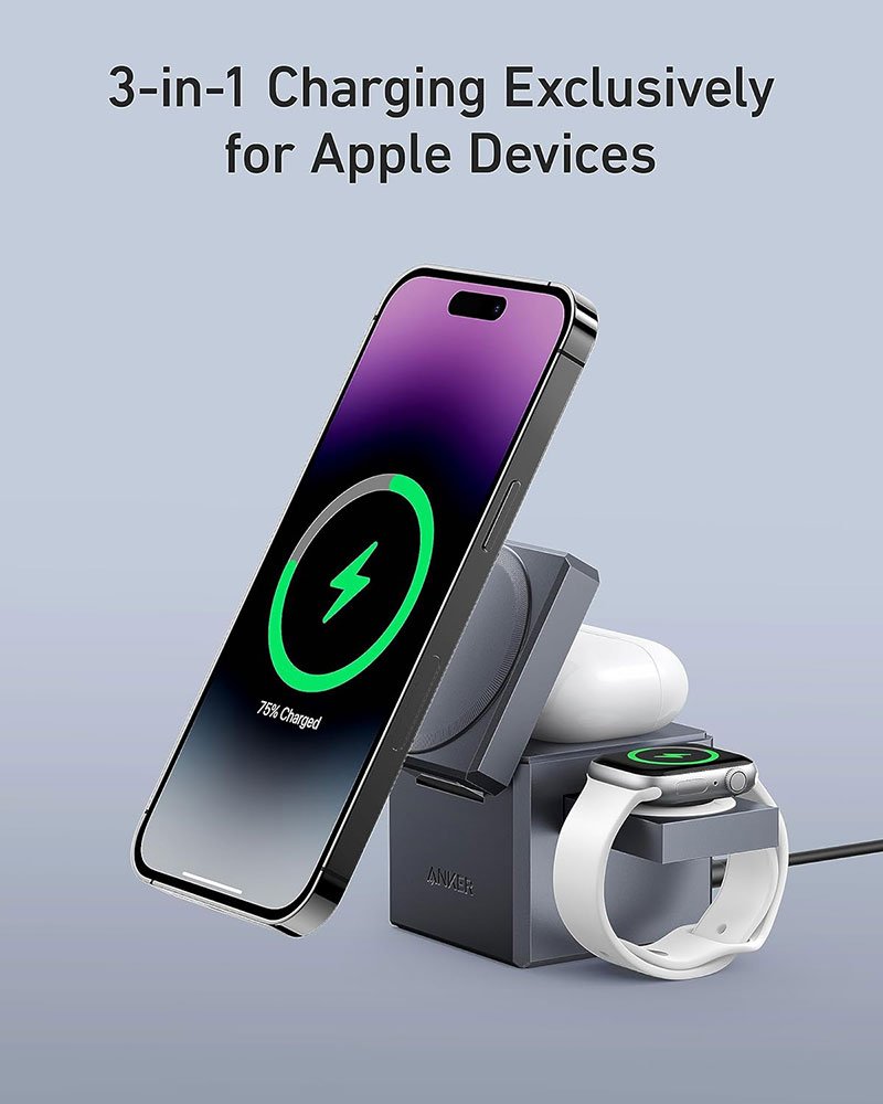 Anker 3-in-1 Cube with MagSafe – 15W Wireless Charger for iPhone, Apple Watch & AirPods, Foldable Travel Charger