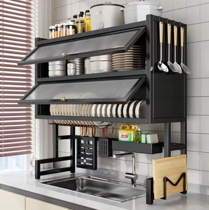 3-Tier Over The Sink Dish Drying Rack & Countertop Organizer Kenya | Over Sink Dish Rack with Flip Cover Doors, Adjustable Metal Kitchen Rack, Cupboard Storage Dish Rack, Dish Drainer with Drainage, Multifunctional Kitchen Storage Rack