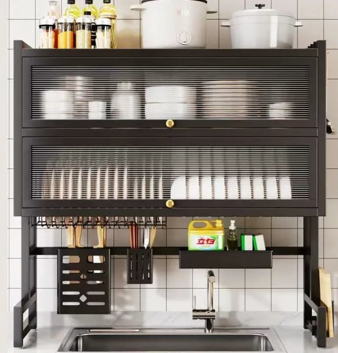 3-Tier Over The Sink Dish Drying Rack & Countertop Organizer Kenya | Over Sink Dish Rack with Flip Cover Doors, Adjustable Metal Kitchen Rack, Cupboard Storage Dish Rack, Dish Drainer with Drainage, Multifunctional Kitchen Storage Rack