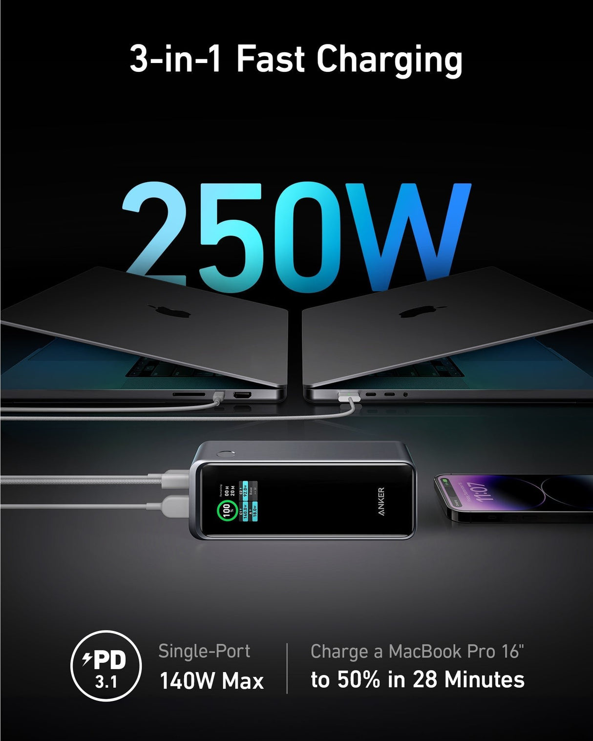 Anker Prime Power Bank 27,650mAh (250W, 3-Port, App Control & Smart Display) and Anker Prime USB-C to USB-C Cable (240W, Upcycled-Braided, 182cm)