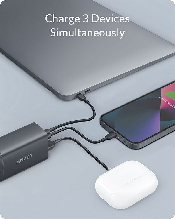 Anker PowerPort III 3-Port 65W Pod Charger | Dual USB-C & USB-A Fast Wall Charger
