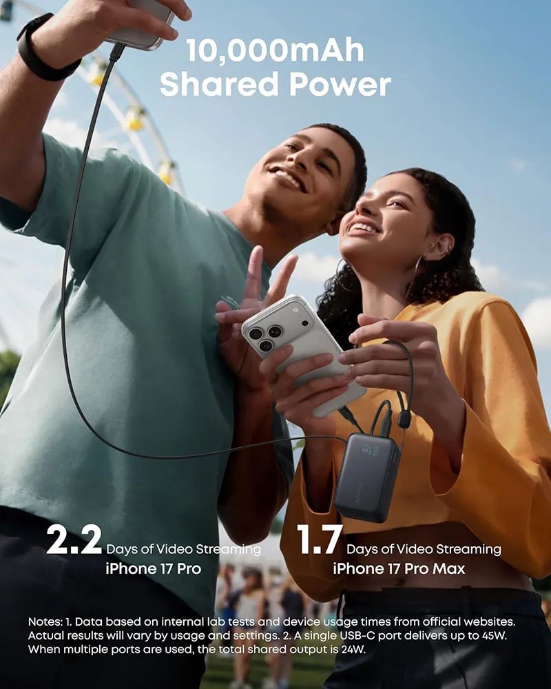 Anker Nano Power Bank 10000mAh 45W | Built-In Retractable USB-C Cable Power Bank