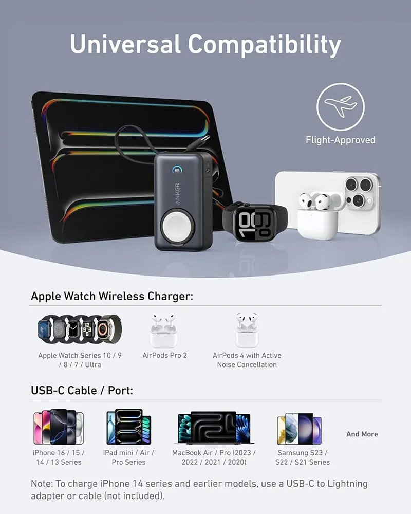 Anker MagGo Power Bank 10000mAh 30W | Built-In USB-C Cable & Apple Watch Charger