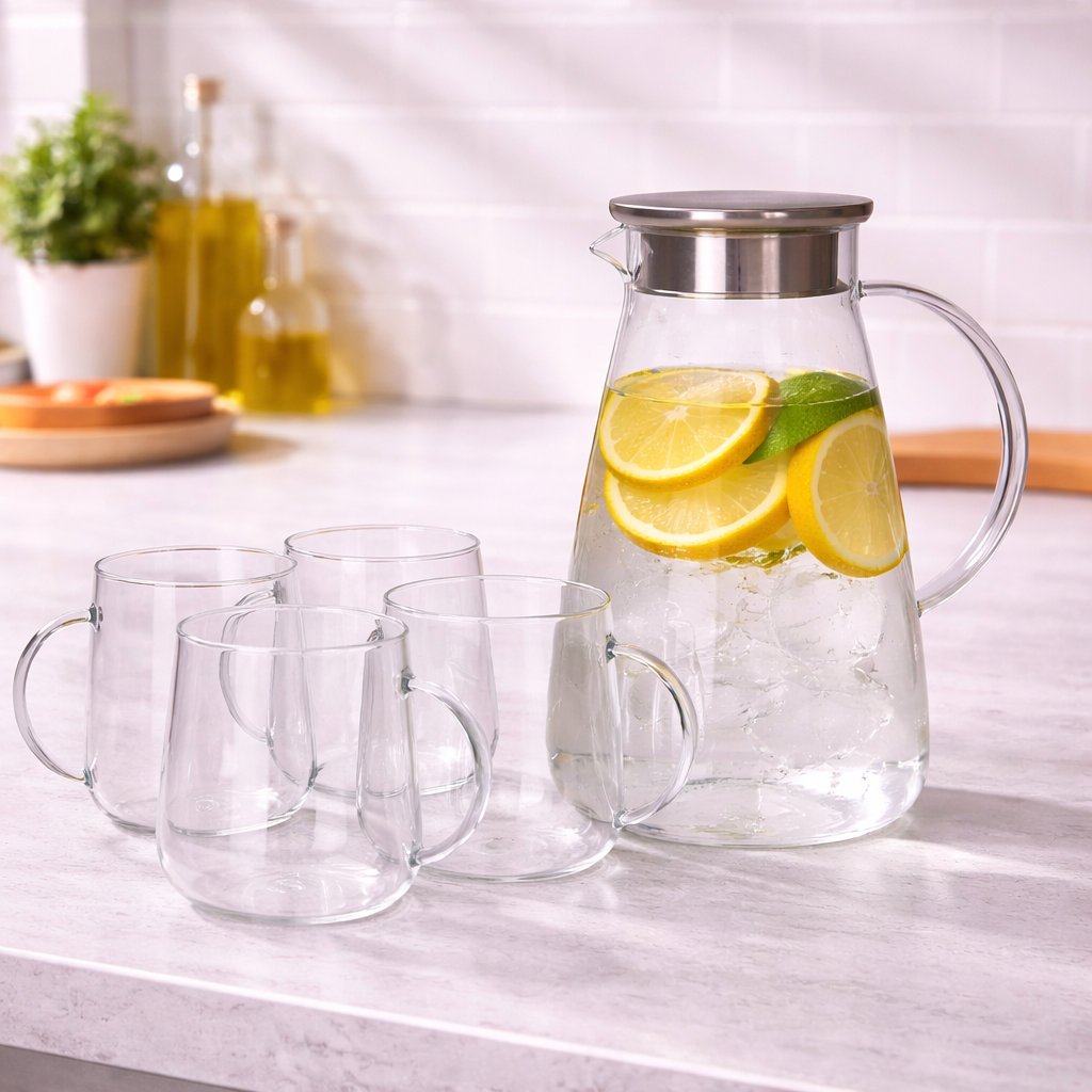Danny Home 5-Piece Glass Juice Jar & Mug Set | 1.78L Borosilicate Pitcher with Stainless Steel Lid & 4 Glass Mugs