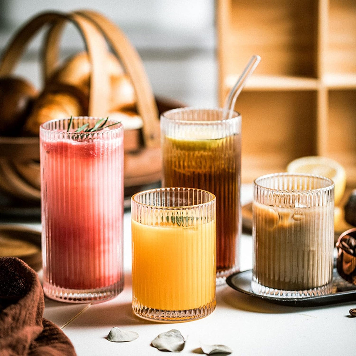 Danny Home Ribbed Glass Cups Set – Vintage Origami Drinking Glasses & Glassware for Whisky, Cocktails & Iced Coffee