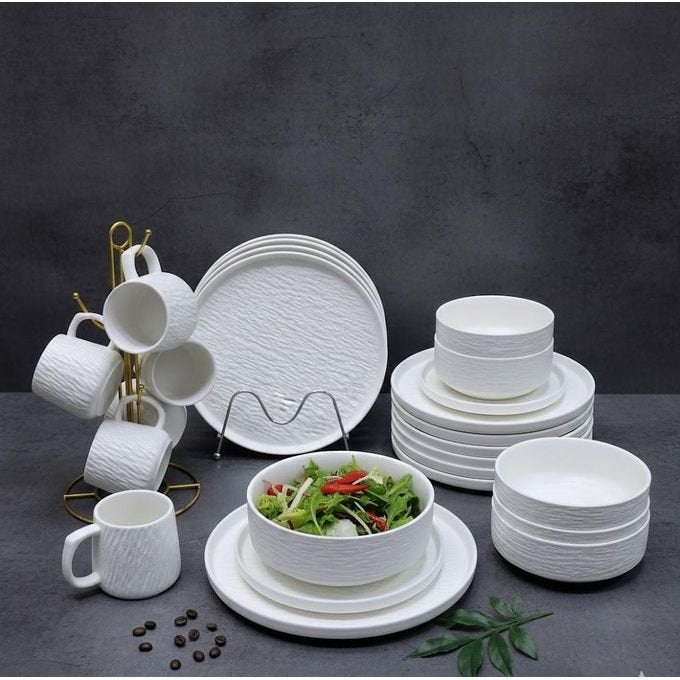 24 Piece Ceramic Dinner Set โ Porcelain Plates, Bowls & Mugs, Stylish Tableware Crockery Service for 6