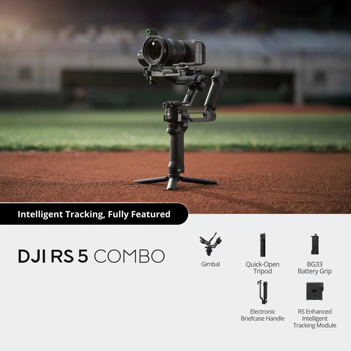 DJI RS 5 Combo Gimbal Stabiliser โ 3kg Payload, 5th-Gen Stabilisation, Intelligent Tracking Module, 14Hr Battery