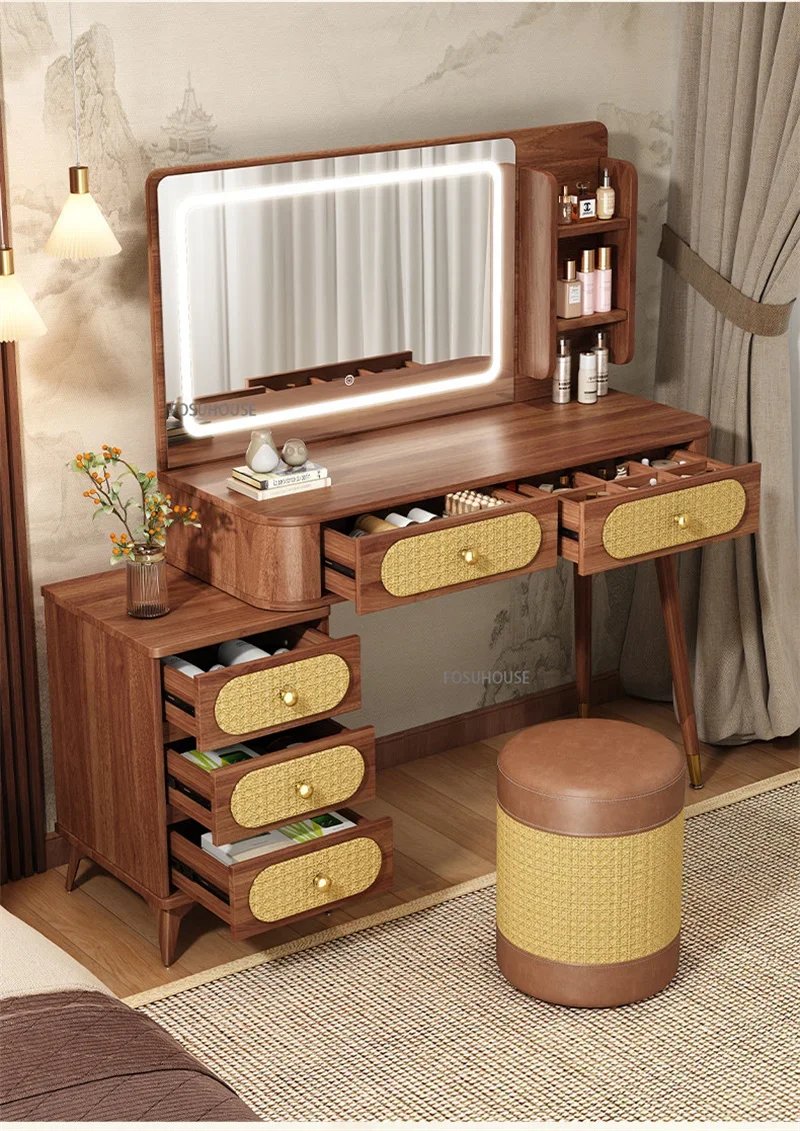 Rattan LED Dressing Table 100cm – Solid Wood Vanity Desk with Detachable 3-Drawer Side Cabinet & Touch LED Mirror | Kenya