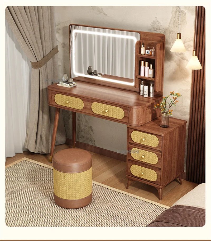 Rattan LED Dressing Table 100cm – Solid Wood Vanity Desk with Detachable 3-Drawer Side Cabinet & Touch LED Mirror | Kenya