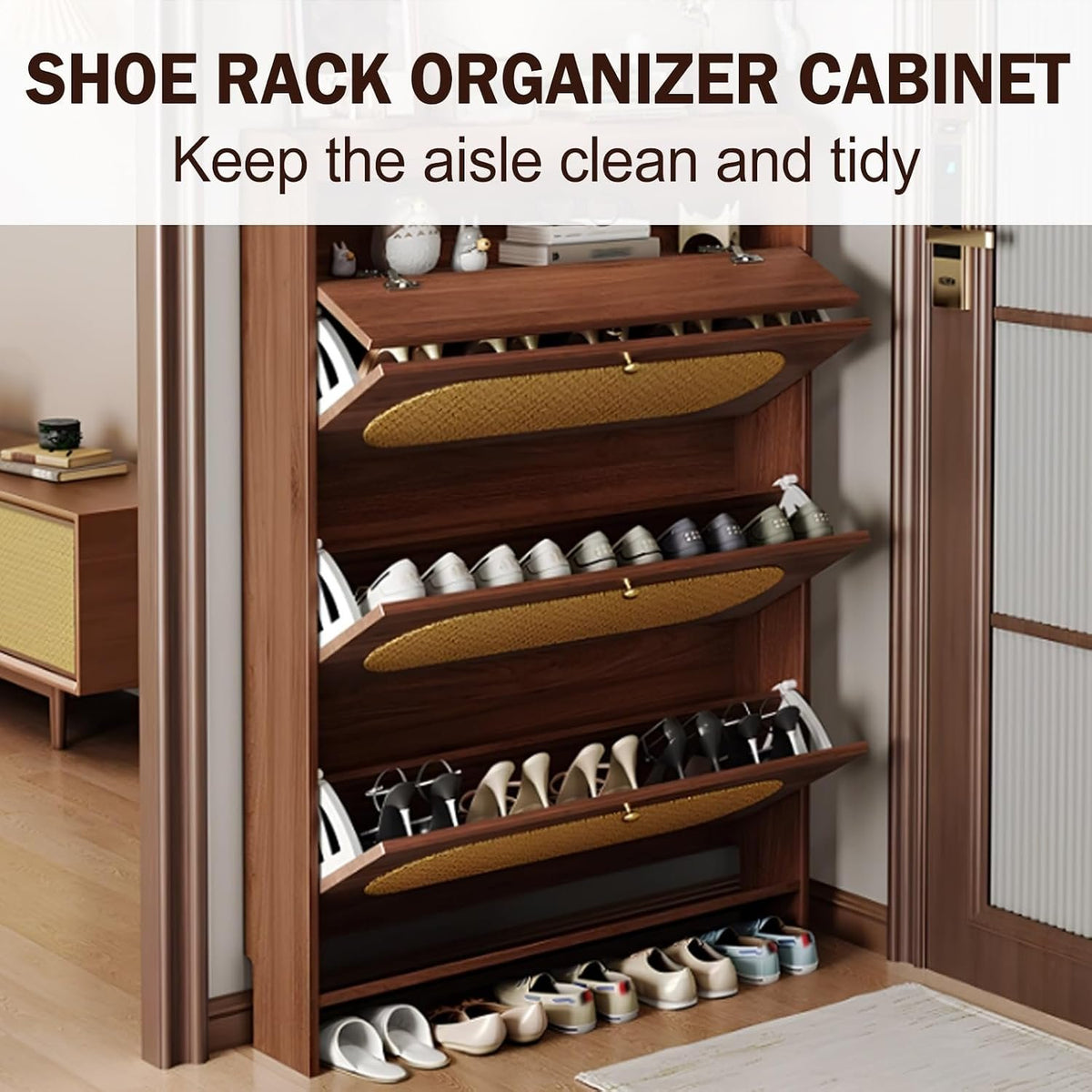 Slim Rattan Shoe Cabinet 100cm – Only 17cm Deep, Behind-the-Door Shoe Rack Organiser with 3 Flip Drawers, Top Storage & Slipper Shelf | Kenya