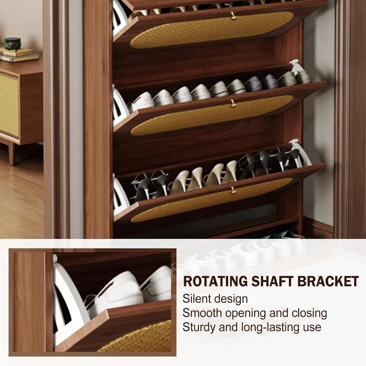 Slim Rattan Shoe Cabinet 100cm – Only 17cm Deep, Behind-the-Door Shoe Rack Organiser with 3 Flip Drawers, Top Storage & Slipper Shelf | Kenya