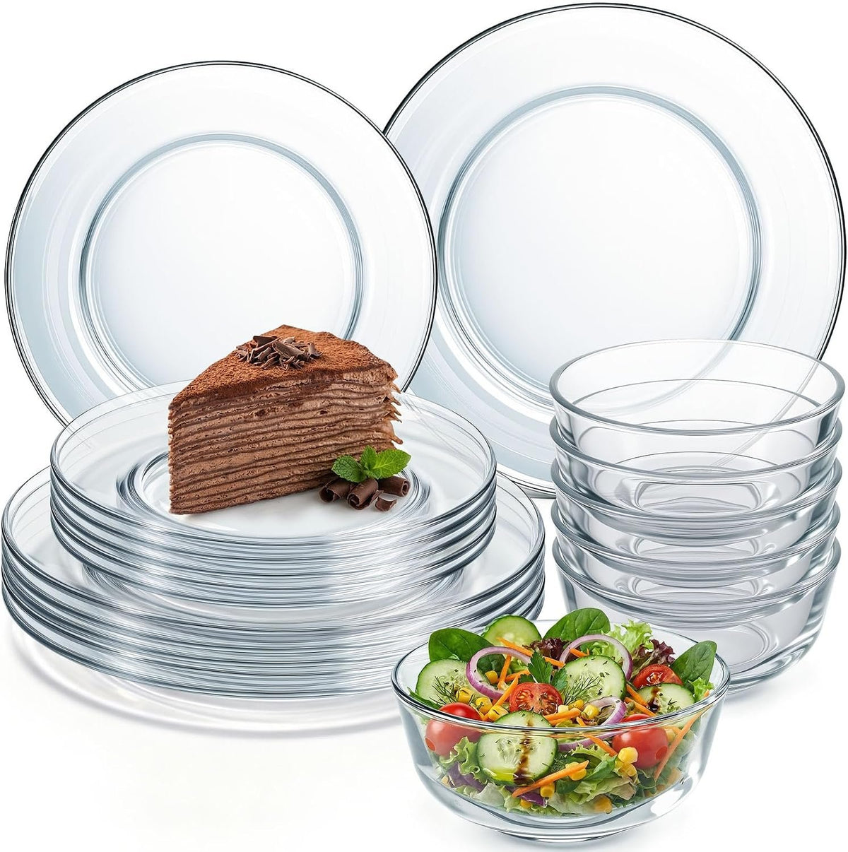 Borosil Aura 27 Piece Glass Dinner Set with Latte Mugs, Clear | Borosilicate Glass Dinnerware for 6, Microwave and Dishwasher Safe