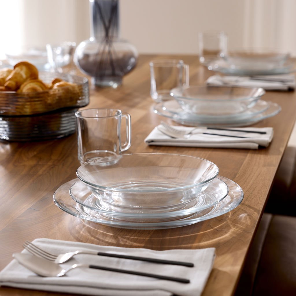 Borosil Aura 27 Piece Glass Dinner Set with Latte Mugs, Clear | Borosilicate Glass Dinnerware for 6, Microwave and Dishwasher Safe