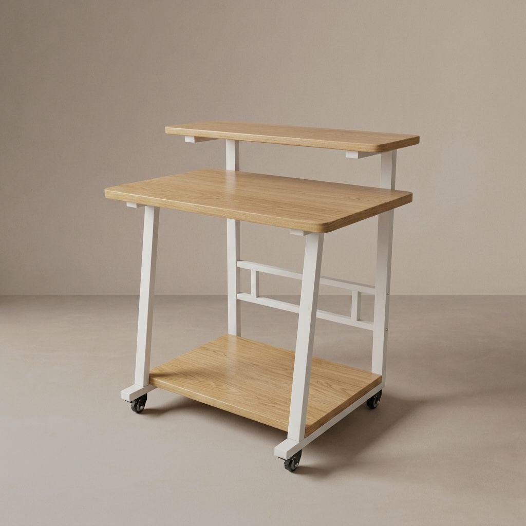 Compact Computer Desk with Monitor Shelf Oak and White | Small Study Desk with Bottom Storage Shelf