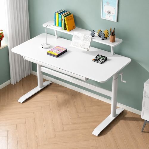 Height Adjustable Study Desk with Monitor Shelf White | Ergonomic Kids and Adult Desk with Crank Lift and Drawer