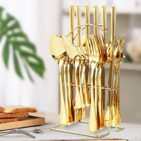 24 Piece Gold Cutlery Set with Hanging Stand, Service for 6 | Stainless Steel Gold Forks, Knives, Spoons and Teaspoons, Wedding and Housewarming Gift