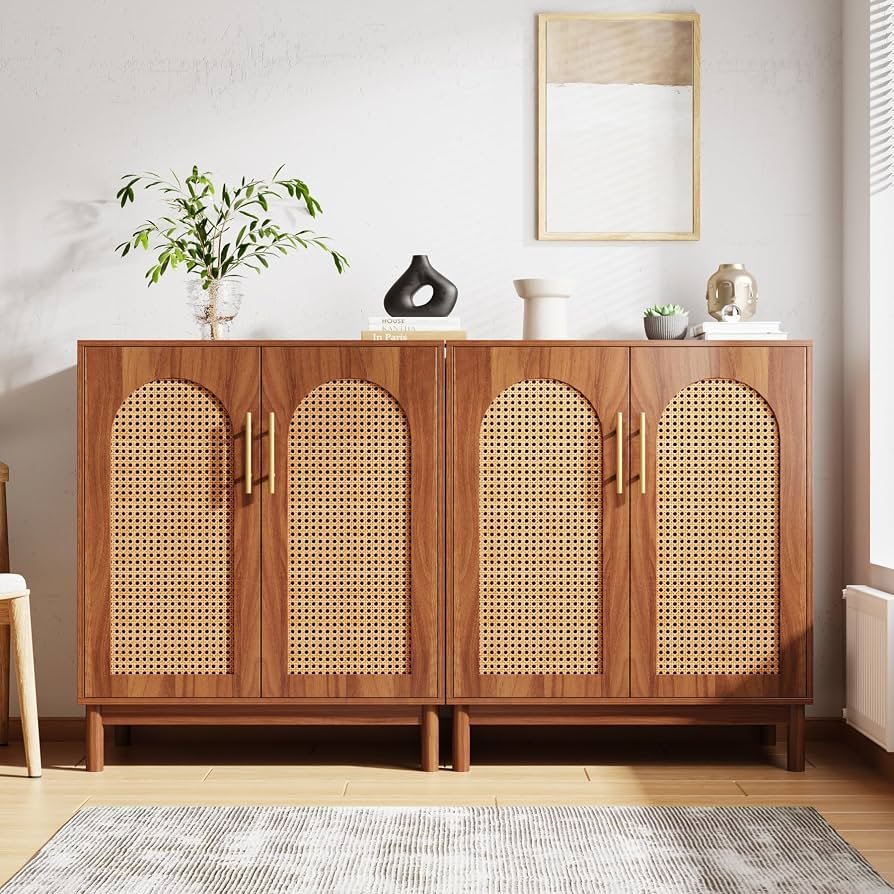 Rattan Sideboard 140x40x100cm Dark Wood | Buffet Cabinet and Console Table for Dining Room and Entryway with Cane Doors
