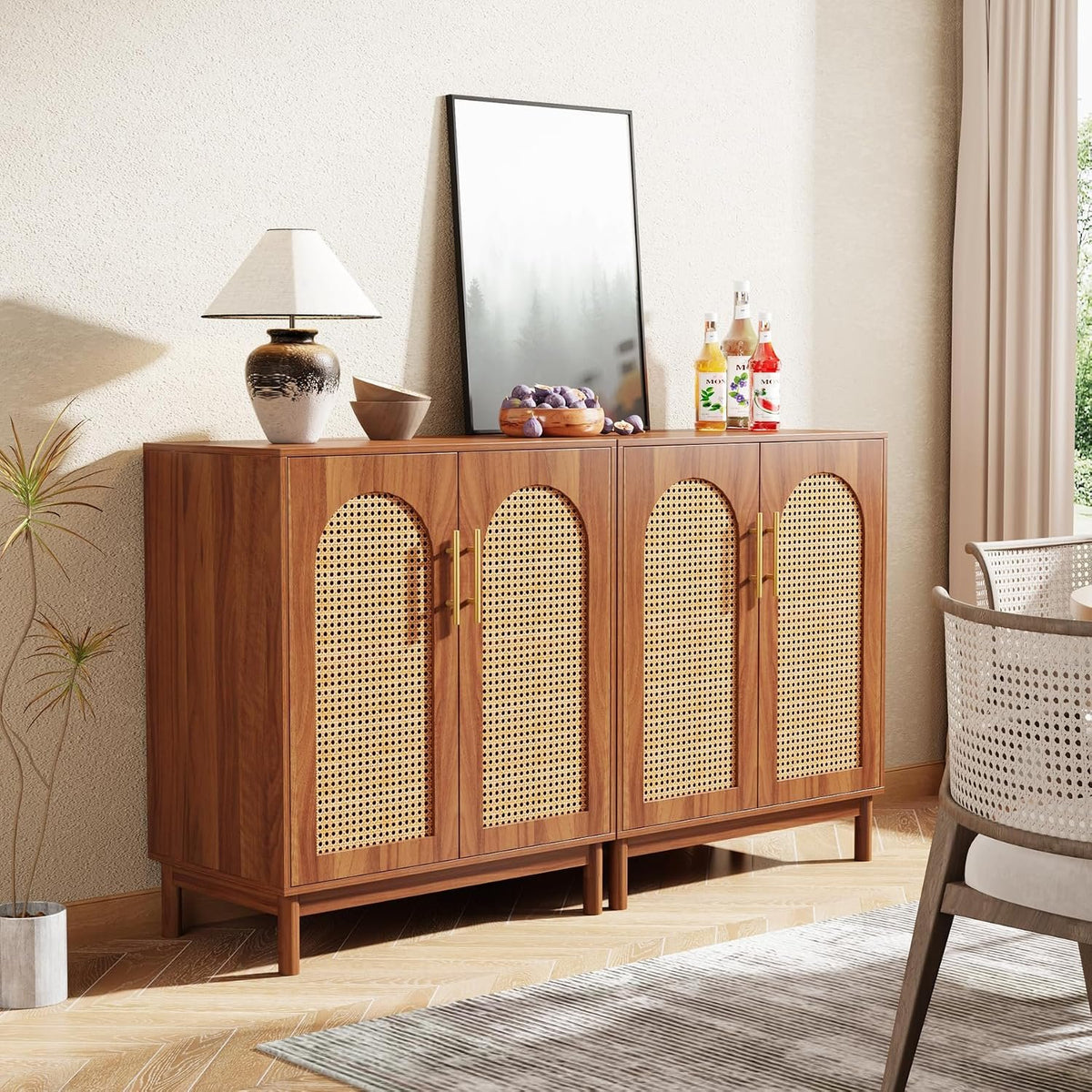 Rattan Sideboard 140x40x100cm Dark Wood | Buffet Cabinet and Console Table for Dining Room and Entryway with Cane Doors