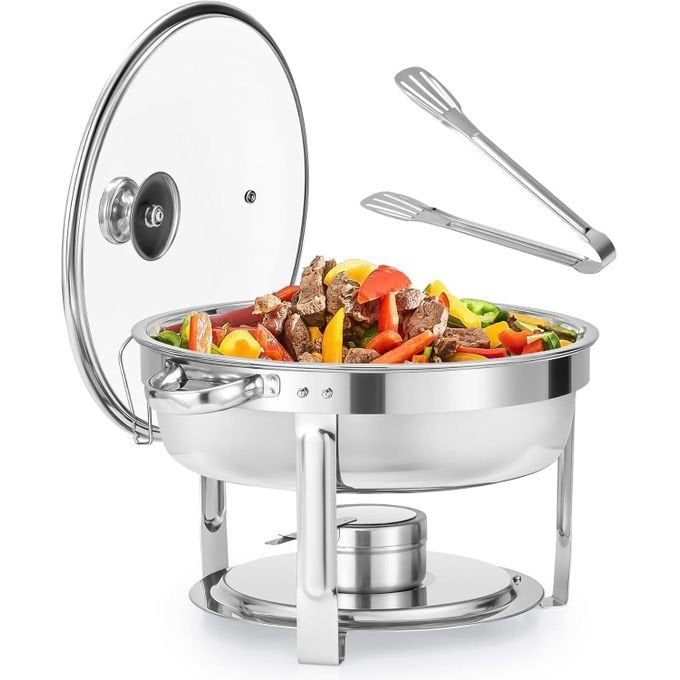 Round Chafing Dish 5L and 8L Stainless Steel with Glass Lid, Complete Buffet Warmer Set for Parties, Christmas Gatherings and Catering Events