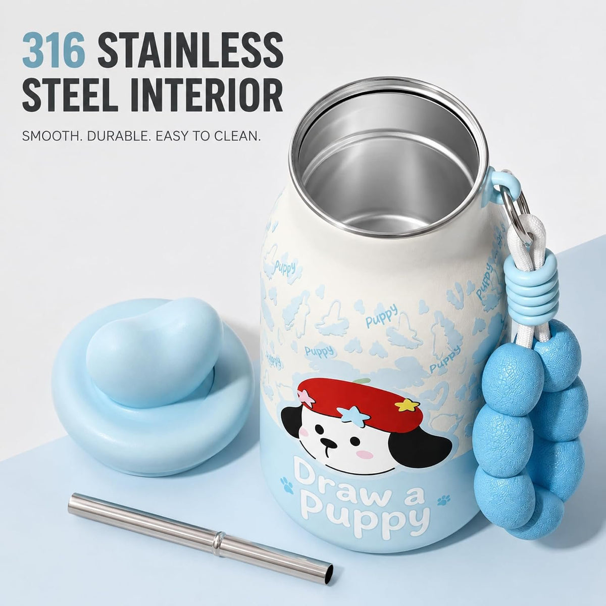 Kids Insulated Water Bottle with Straw 400ml, Stainless Steel Thermos Cup with Heart Cap, Metal Straw, Tea Infuser and Carry Loop