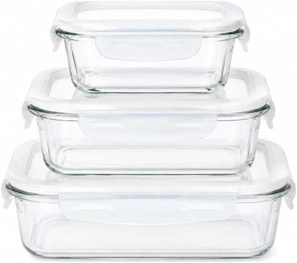 Danny Home Glass Food Storage Containers 3 Piece Set, 500ml, 800ml and 1100ml with Lock Lids | Borosilicate Lunch Boxes, Oven, Microwave and Freezer Safe