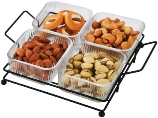 4 Section Snack Serving Tray with Black Metal Stand and Clear Glass Bowls | Party Nibbles, Nuts and Dip Server for Hosting and Christmas Tables